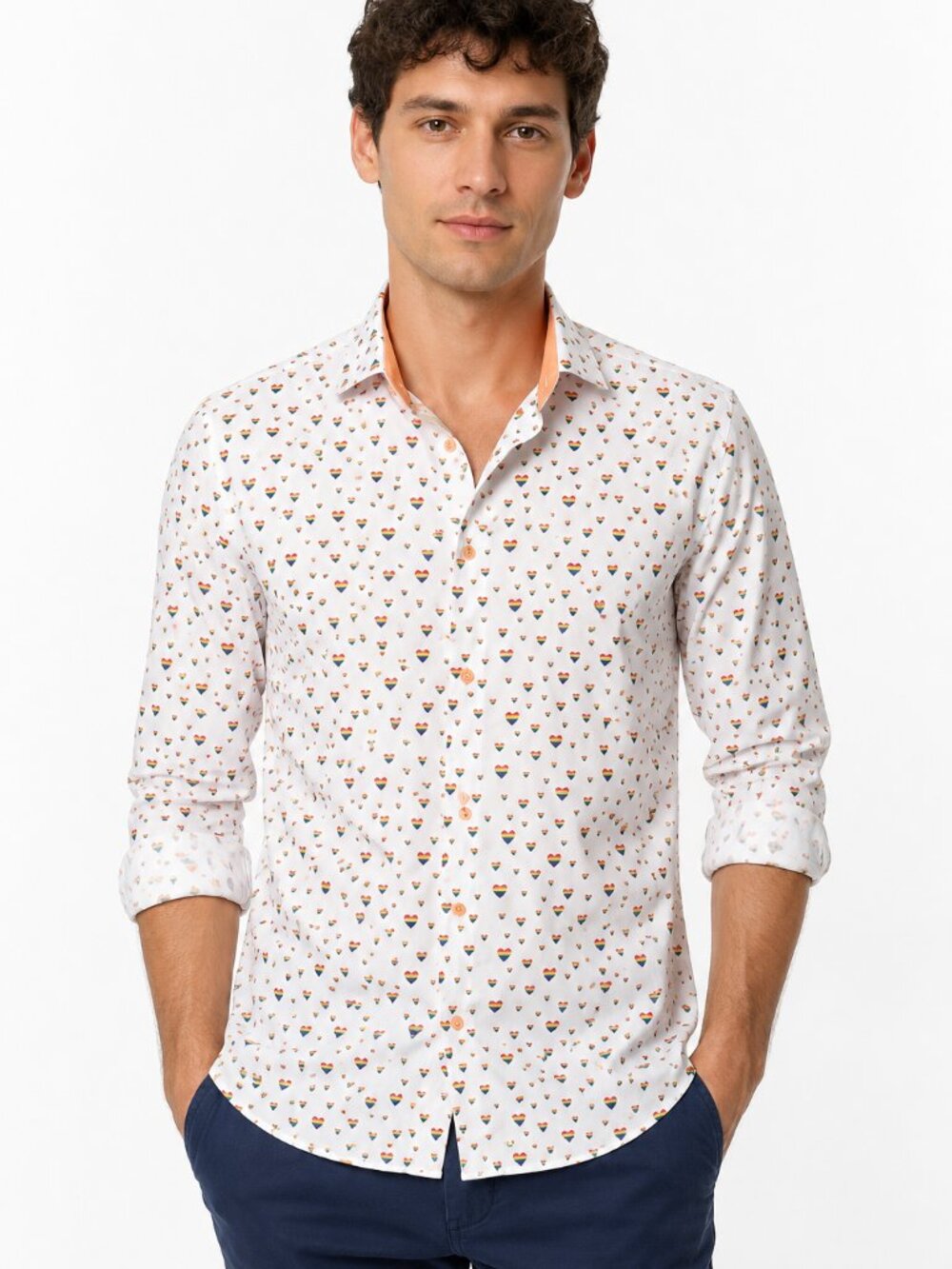 Tom Baine Men's Medium Rainbow Heart Button Down Shirt Slim Fit Performance